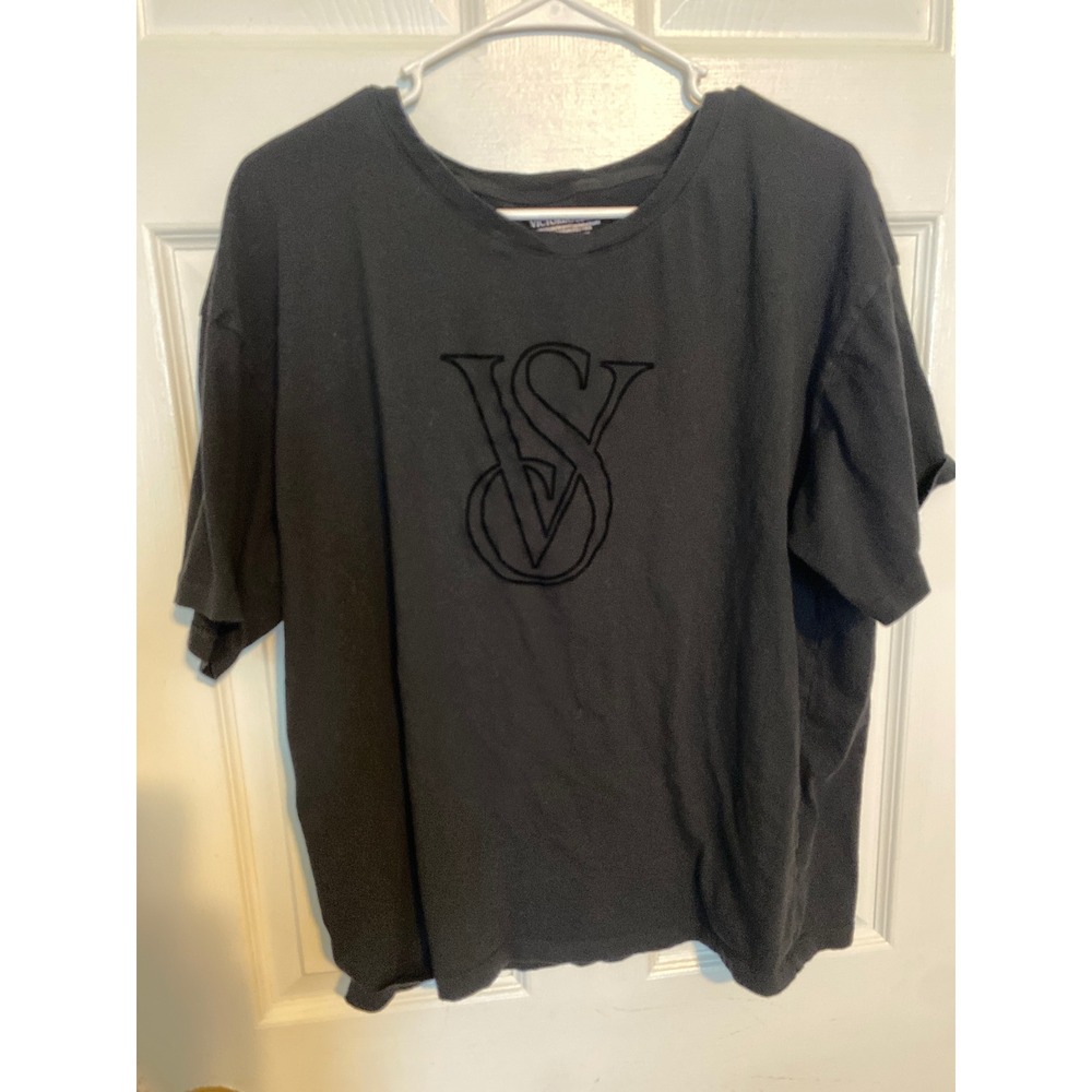 Victorias Secret Black Oversized VS Logo Graphic T-Shirt XL Long Short Sleeve